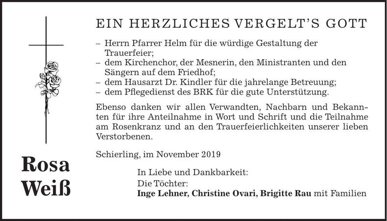 Traueranzeige Rosa Weiß