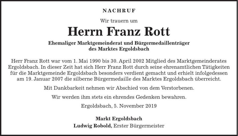 Traueranzeige Franz Rott