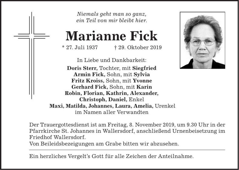 Traueranzeige Marianne Fick