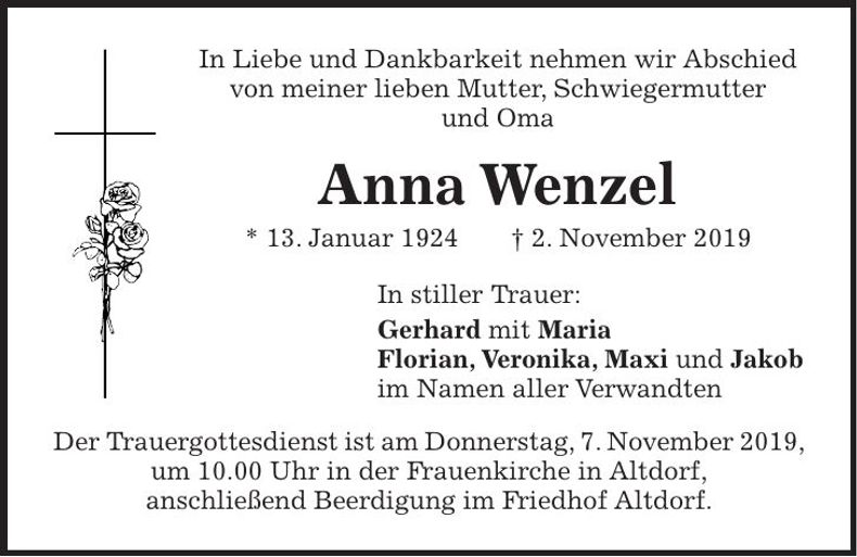 Traueranzeige Anna Wenzel