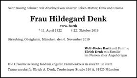 Traueranzeige Hildegard Denk