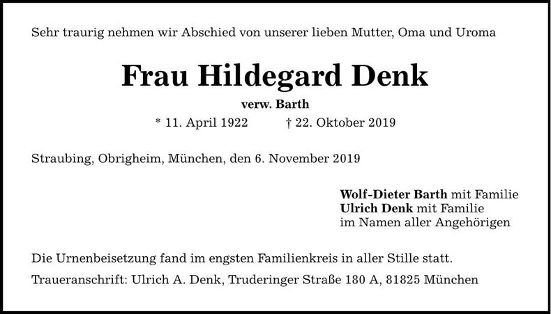 Traueranzeige Hildegard Denk
