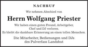 Traueranzeige Wolfgang Priester