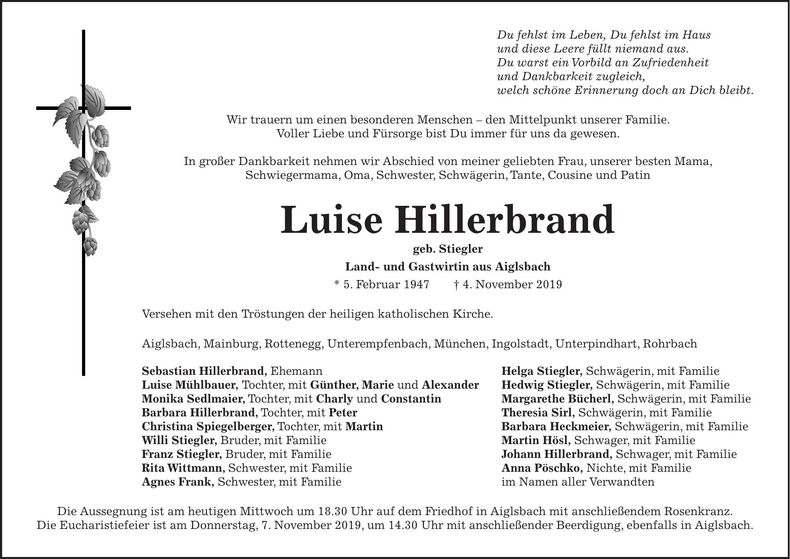 Traueranzeige Luise Hillerbrand