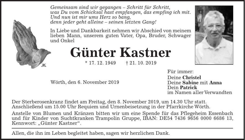 Traueranzeige Günter Kastner