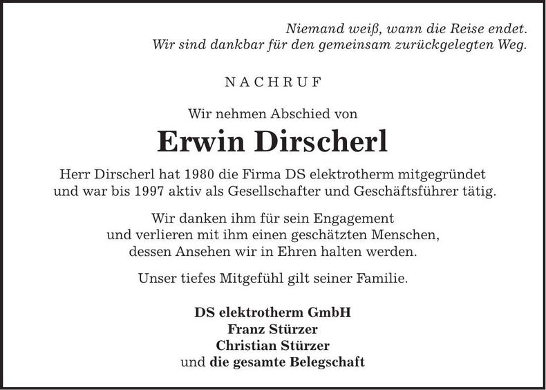 Traueranzeige Erwin Dirscherl