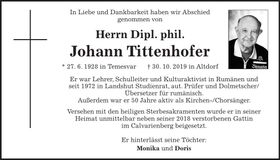 Traueranzeige Johann Tittenhofer