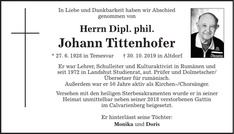 Traueranzeige Johann Tittenhofer