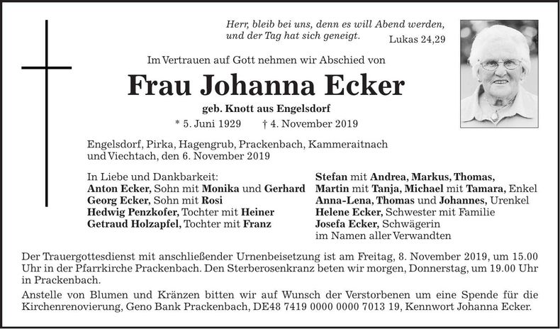 Traueranzeige Ecker Johanna