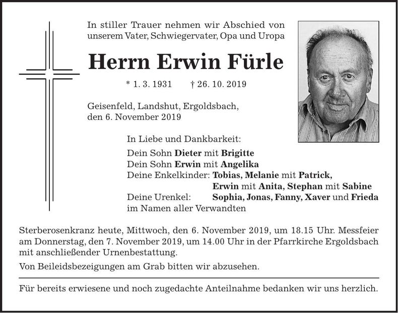 Traueranzeige Erwin Fürle