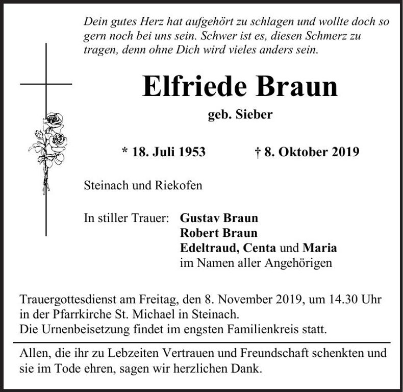 Traueranzeige Elfriede Braun