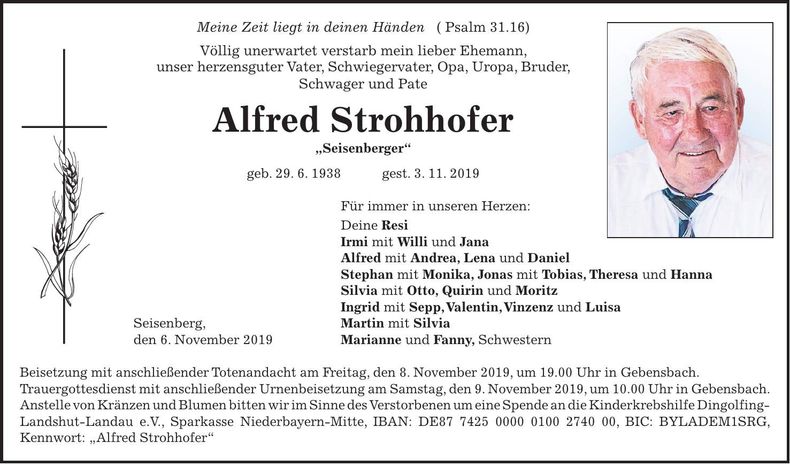 Traueranzeige Alfred Strohhofer