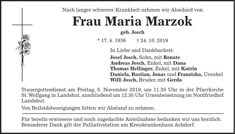 Traueranzeige Maria Marzok