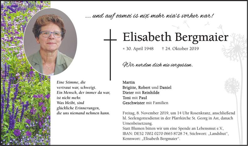 Traueranzeige Elisabeth Bergmaier