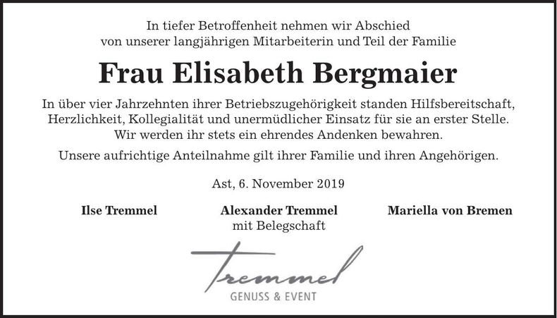 Traueranzeige Elisabeth Bergmaier