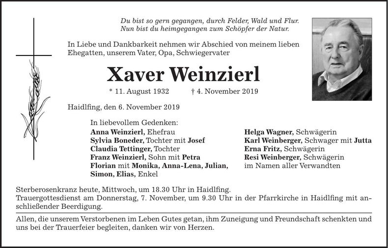 Traueranzeige Xaver Weinzierl