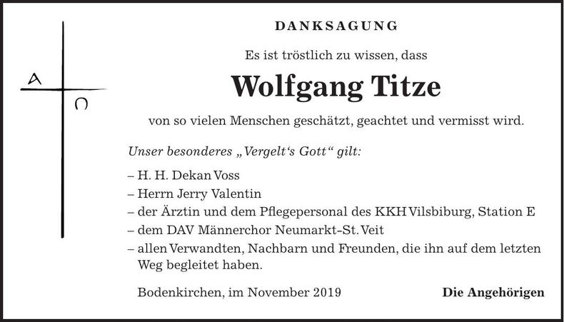 Traueranzeige Wolfgang Titze