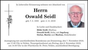 Traueranzeige Oswald Seidl