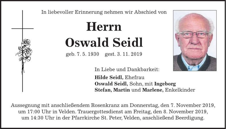 Traueranzeige Oswald Seidl