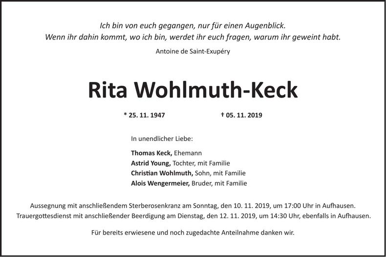 Traueranzeige Rita Wohlmuth-Keck