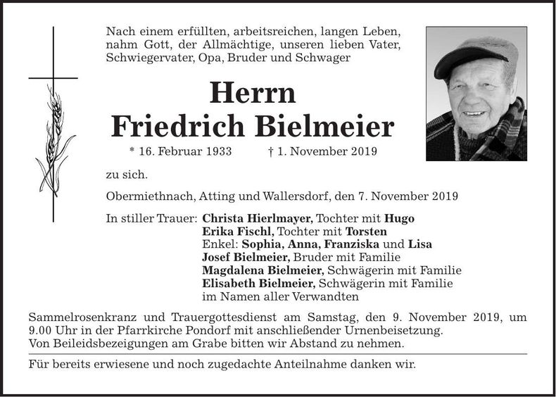 Traueranzeige Friedrich Bielmeier