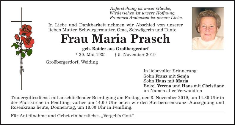 Traueranzeige Maria Prasch
