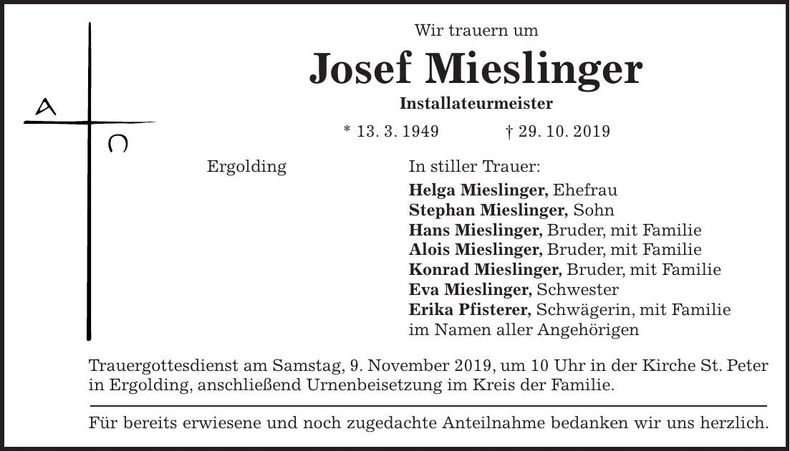Traueranzeige Josef Mieslinger