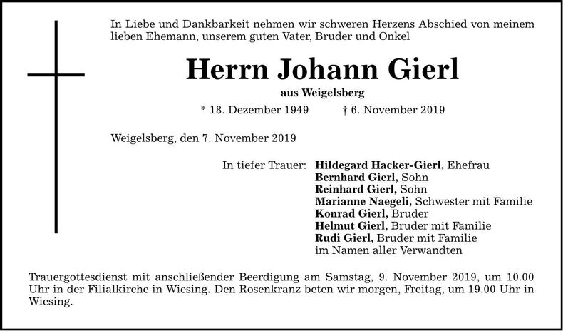 Traueranzeige Gierl Johann
