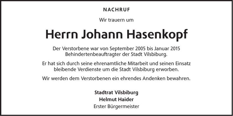 Traueranzeige Johann Hasenkopf