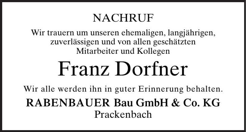 Traueranzeige Franz Dorfner