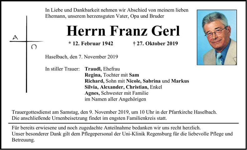 Traueranzeige Franz Gerl