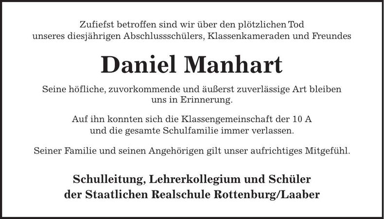 Traueranzeige Daniel Manhart