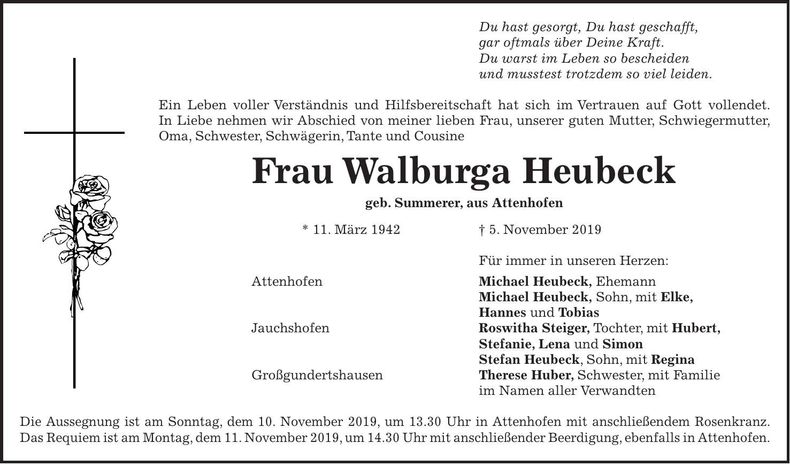 Traueranzeige Walburga Heubeck