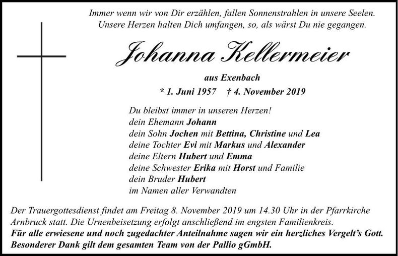 Traueranzeige Kellermeier Johanna