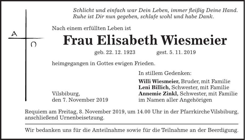 Traueranzeige Elisabeth Wiesmeier