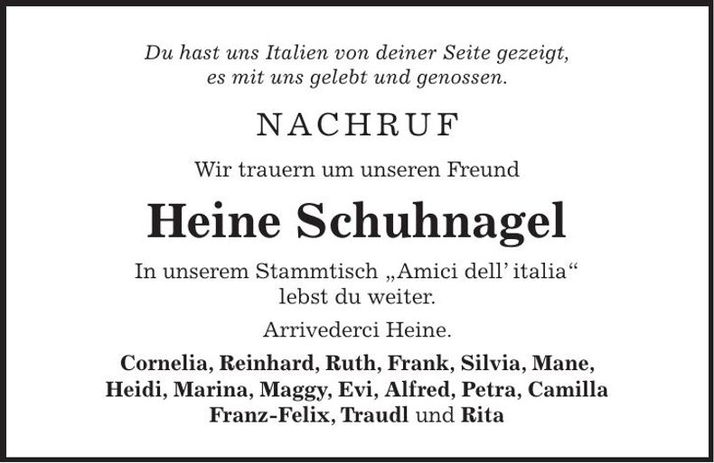 Traueranzeige Heinrich Schuhnagel