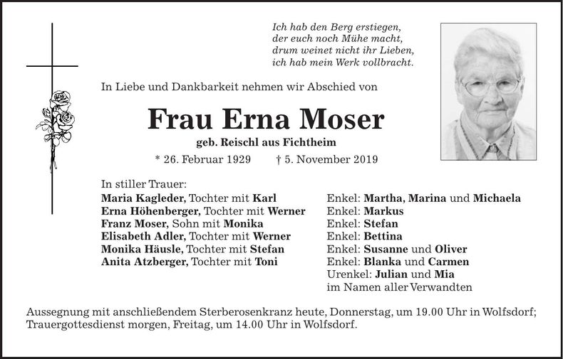 Traueranzeige Erna Moser
