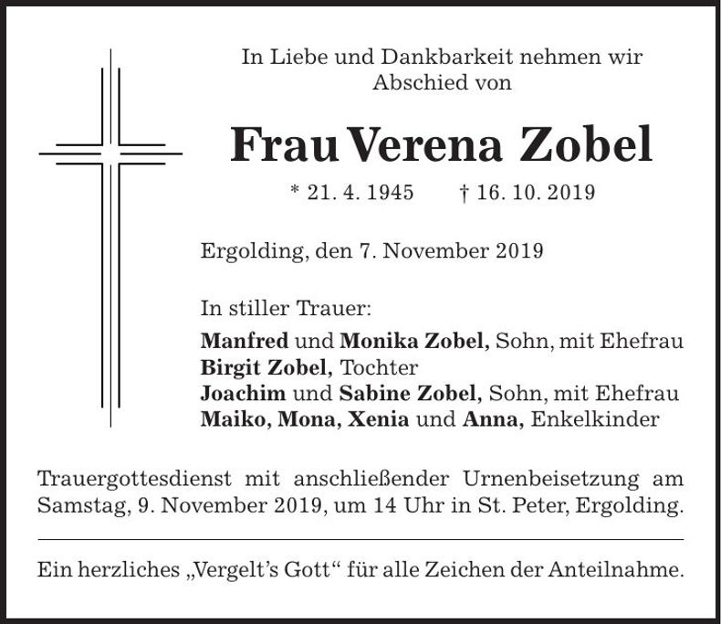 Traueranzeige Verena Zobel