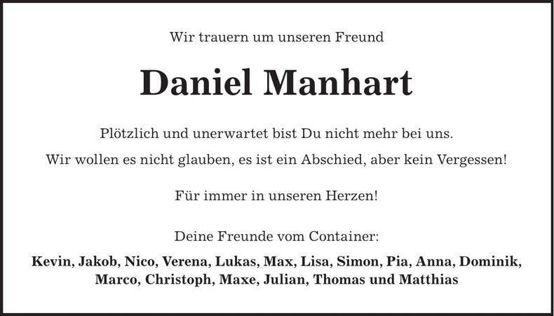 Traueranzeige Daniel Manhart
