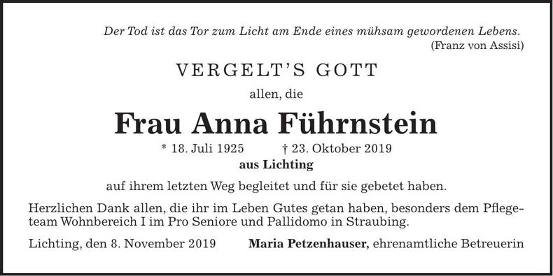 Traueranzeige Anna Führnstein