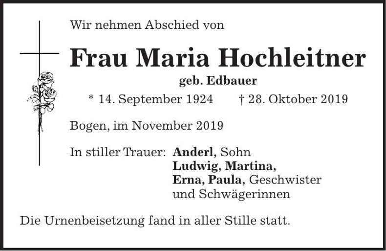 Traueranzeige Maria Hochleitner