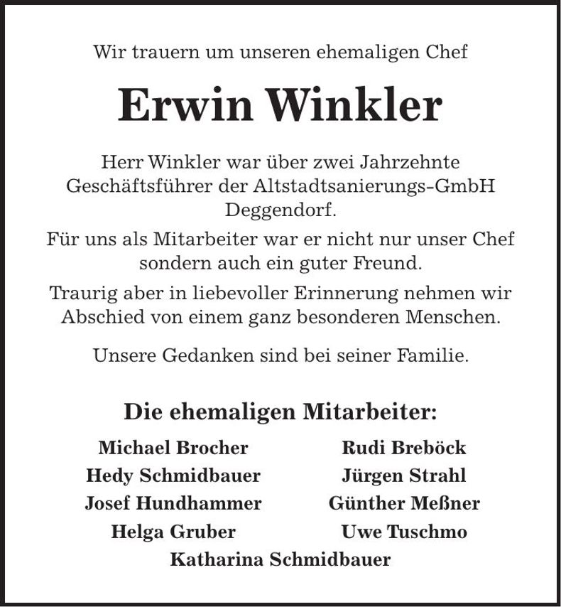 Traueranzeige Erwin Winkler