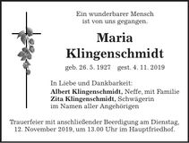 Traueranzeige Maria Klingenschmidt