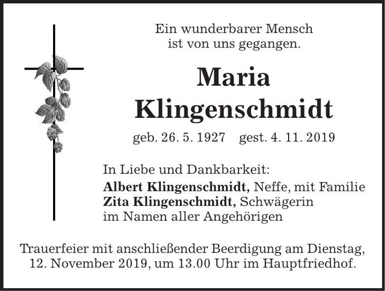 Traueranzeige Maria Klingenschmidt
