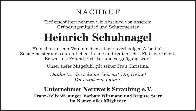 Traueranzeige Heinrich Schuhnagel