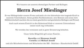 Traueranzeige Josef Mieslinger
