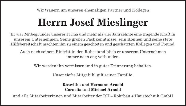 Traueranzeige Josef Mieslinger