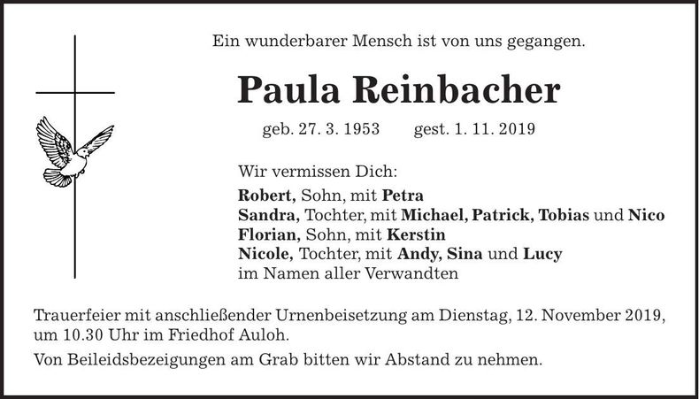 Traueranzeige Paula Reinbacher