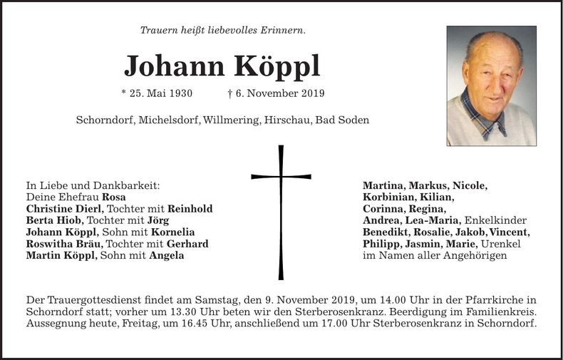 Traueranzeige Johann Köppl