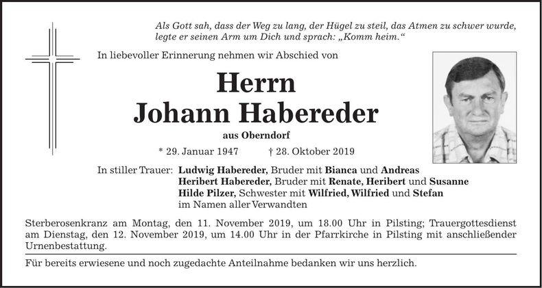 Traueranzeige Johann Habereder